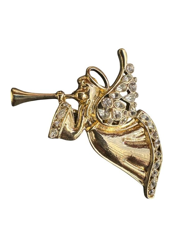 Napier Jewelry - Vintage Napier Gold-Tone Angel Brooch With Clear Rhinestones Trumpet Pin Christm